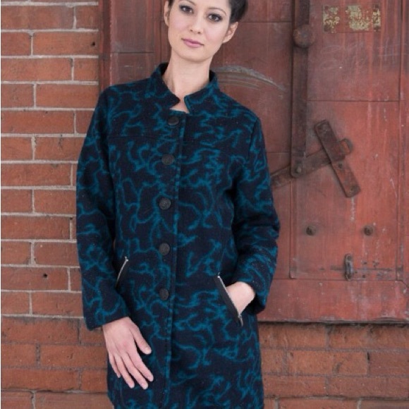 Icelandic Design Jackets & Blazers - Icelandic Design Tyra Wool Blend Jacquard Coat - Teal/Navy - Medium